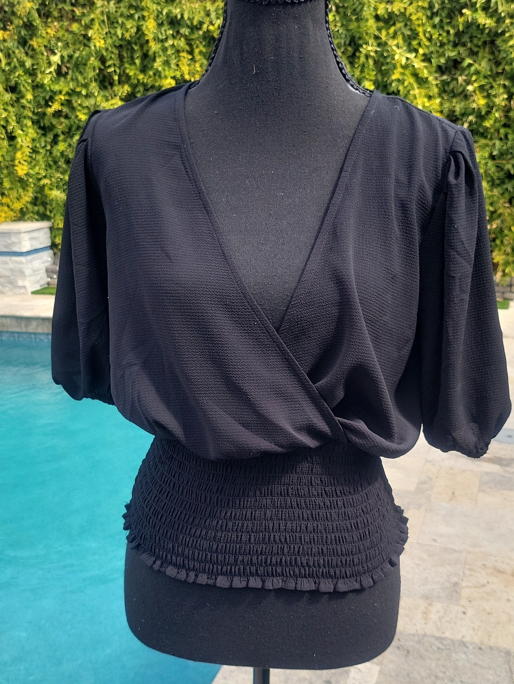 1. State Black Wrap Smocked Waist Blouse XS